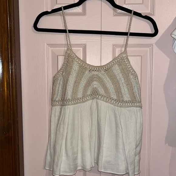 Flowy Bohemian Linen and Crochet Tank Top. Extra Small XS. Cream and tan. Boho. - Picture 1 of 5